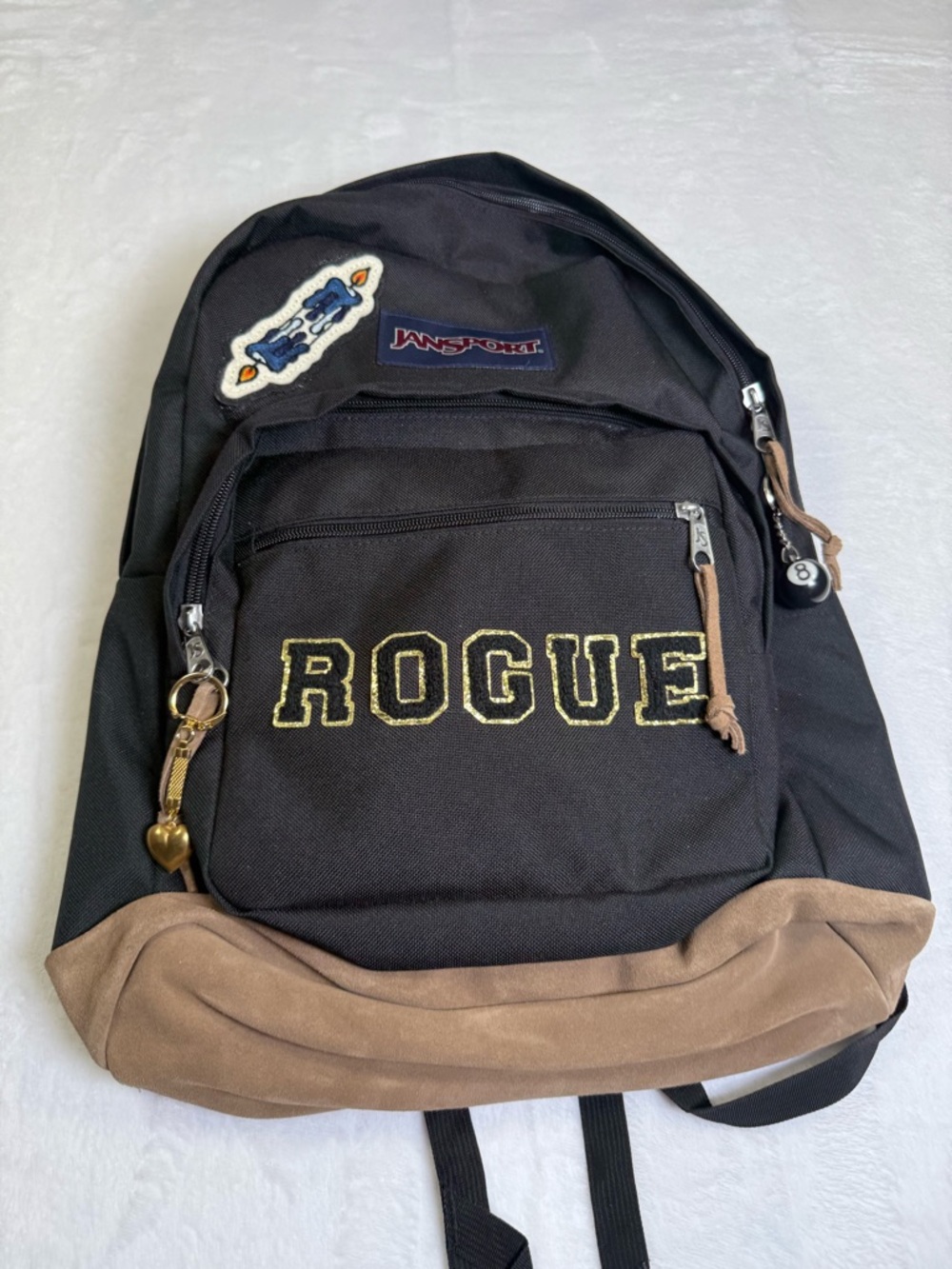 Jansport Black Backpack with Brown Suede Base and 'ROGUE' Embroidery